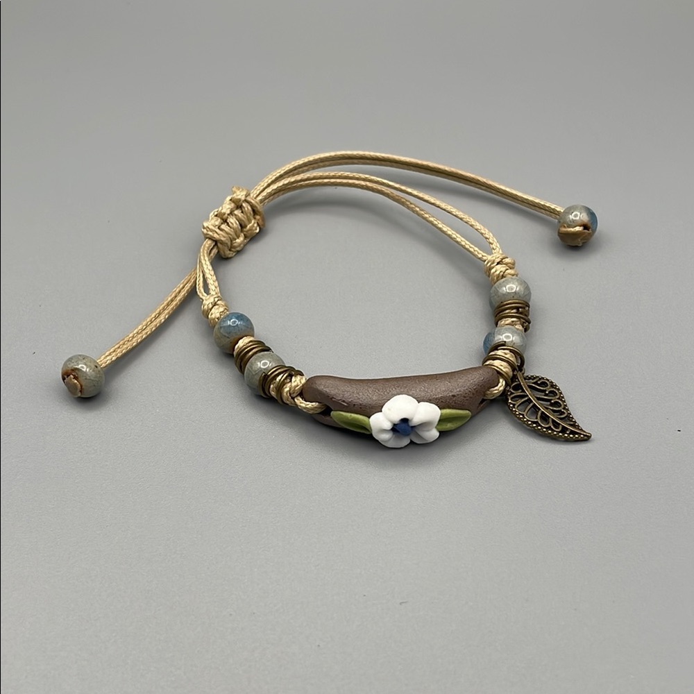 Ceramic Floral Bracelet with Leaf Charm